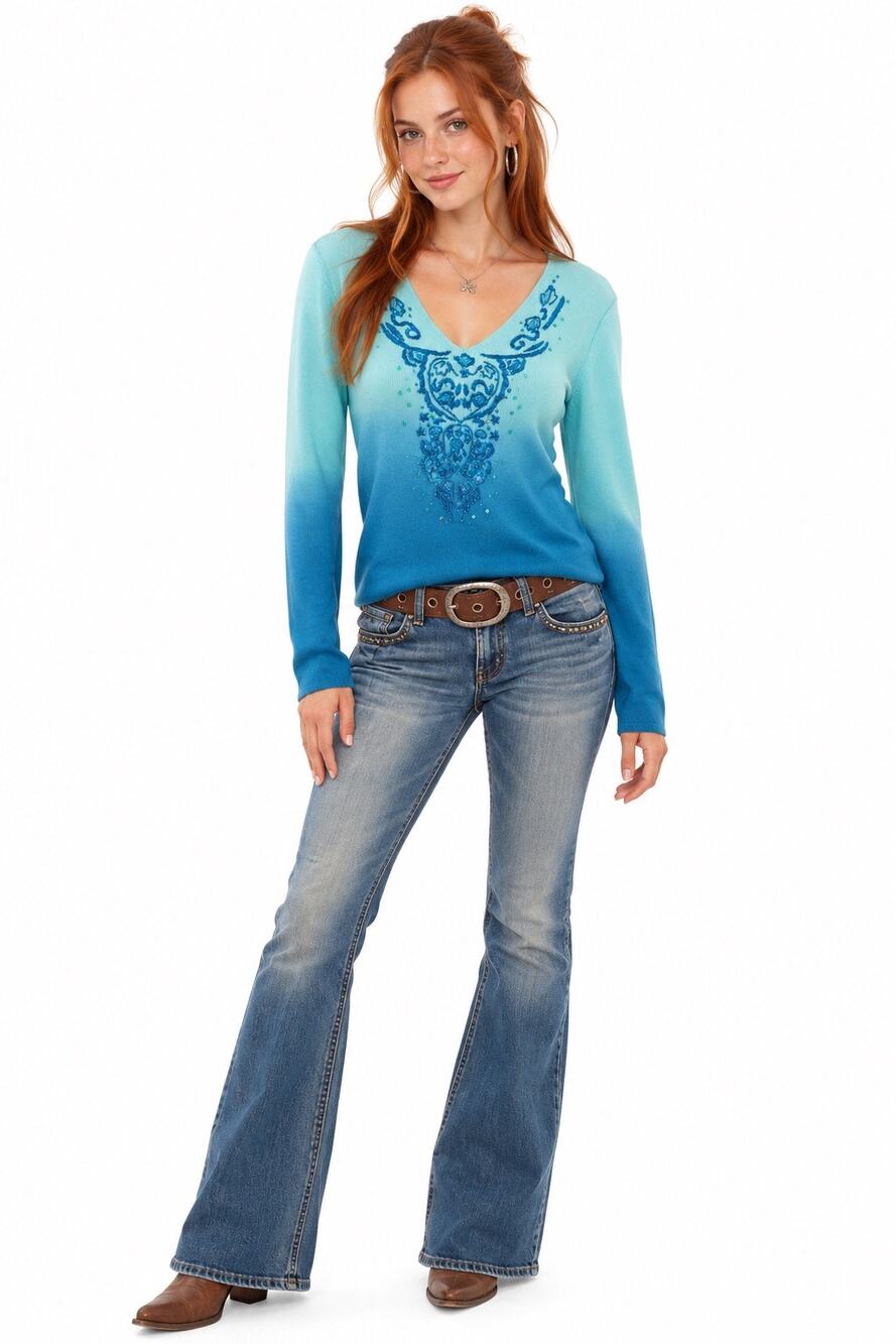 Vintage Y2K Kenneth Miller Blue Ombré Sequined V-Neck Long Sleeve Stretch Blouse